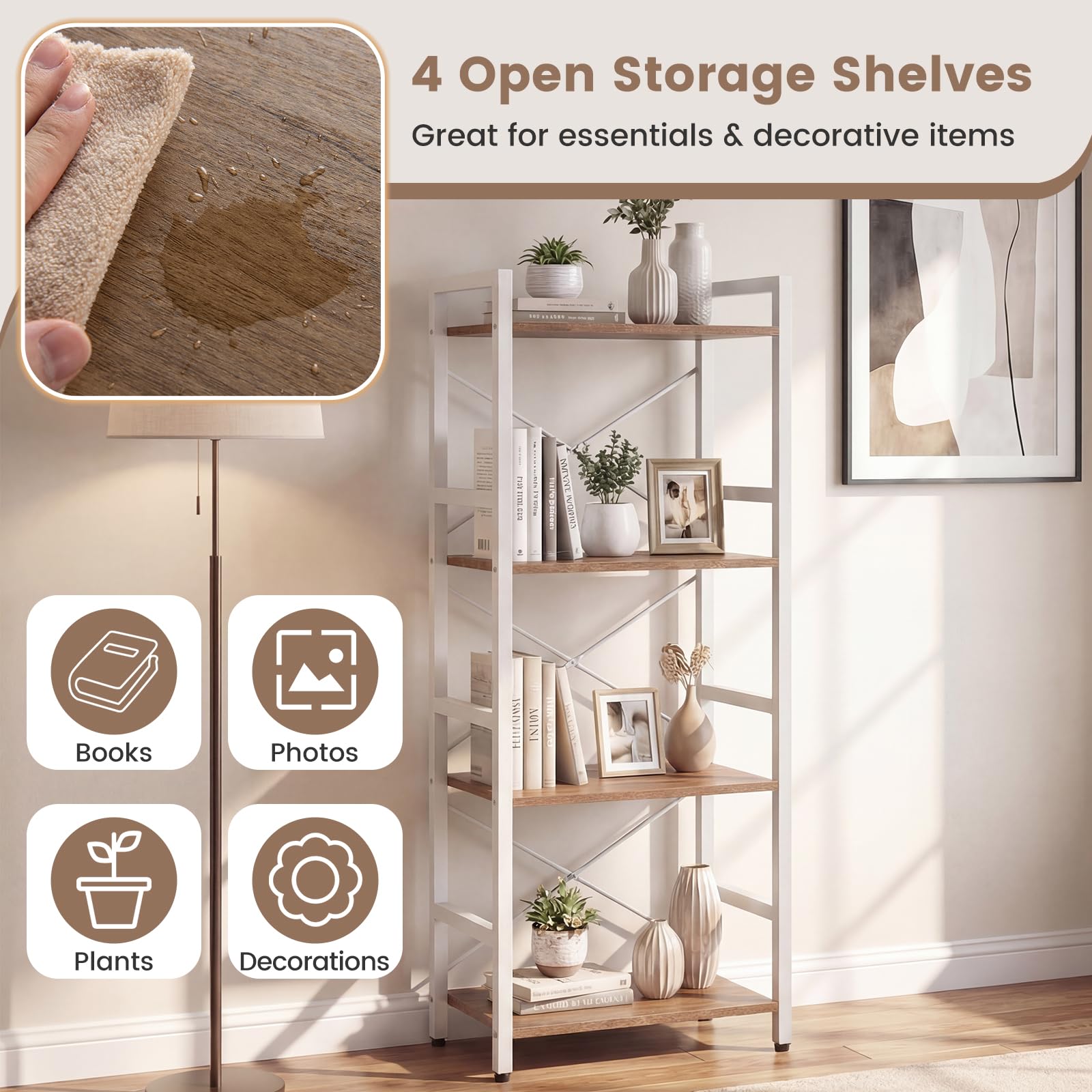 KOMFOTTEU Estantería de 4 Niveles, Librería Vertical con Estantes Abiertos, Mueble Almacenamiento Estrecha con Estructura de Metal y Dispostivos Antivuelco para Salón, 42x28x100cm (Natural y Blanco)