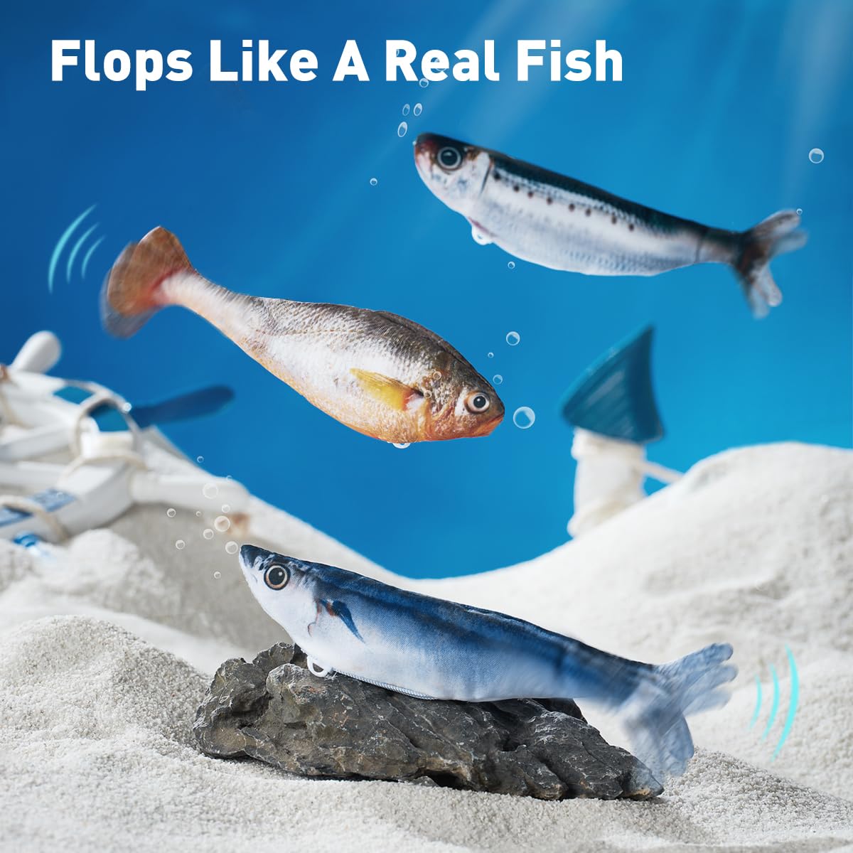 Petgravity Bissgroßes realistisches Flopping Fish Katzenspielzeug, 3 Stück, interaktives Katzenspielzeug für alle Rassen, tippaktivierter 3 Flapp-Modus, Sardine/Saury/Gelb Croaker, 18 cm, mit
