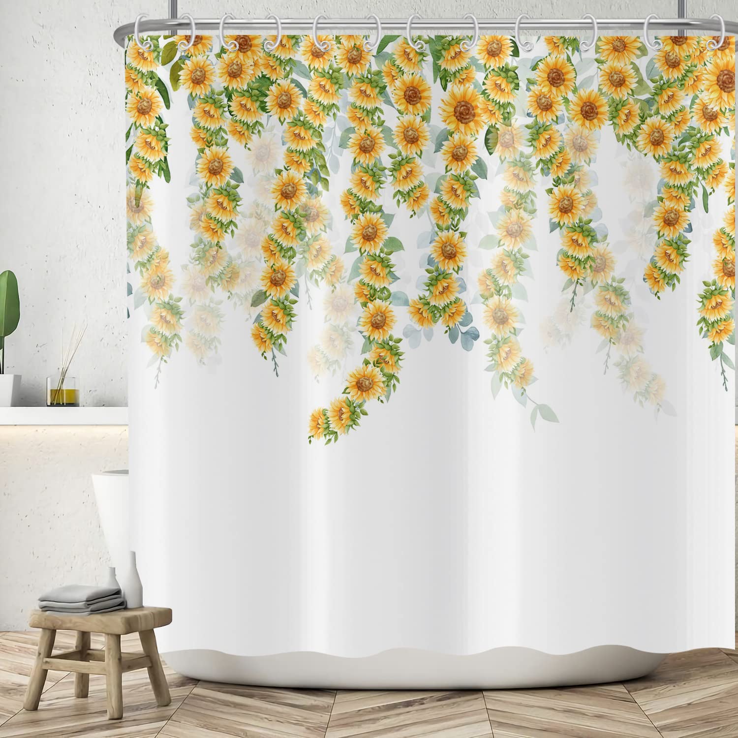 ASDCXZ Shower Curtain Flowers 180x220 cm, Spring Hand Painted Yellow Sunflower Green Leaves Shower Curtains Washable Polyester Textile Waterproof Shower Curtain for Bathtub with 12 Shower Curtain Hook — image 1