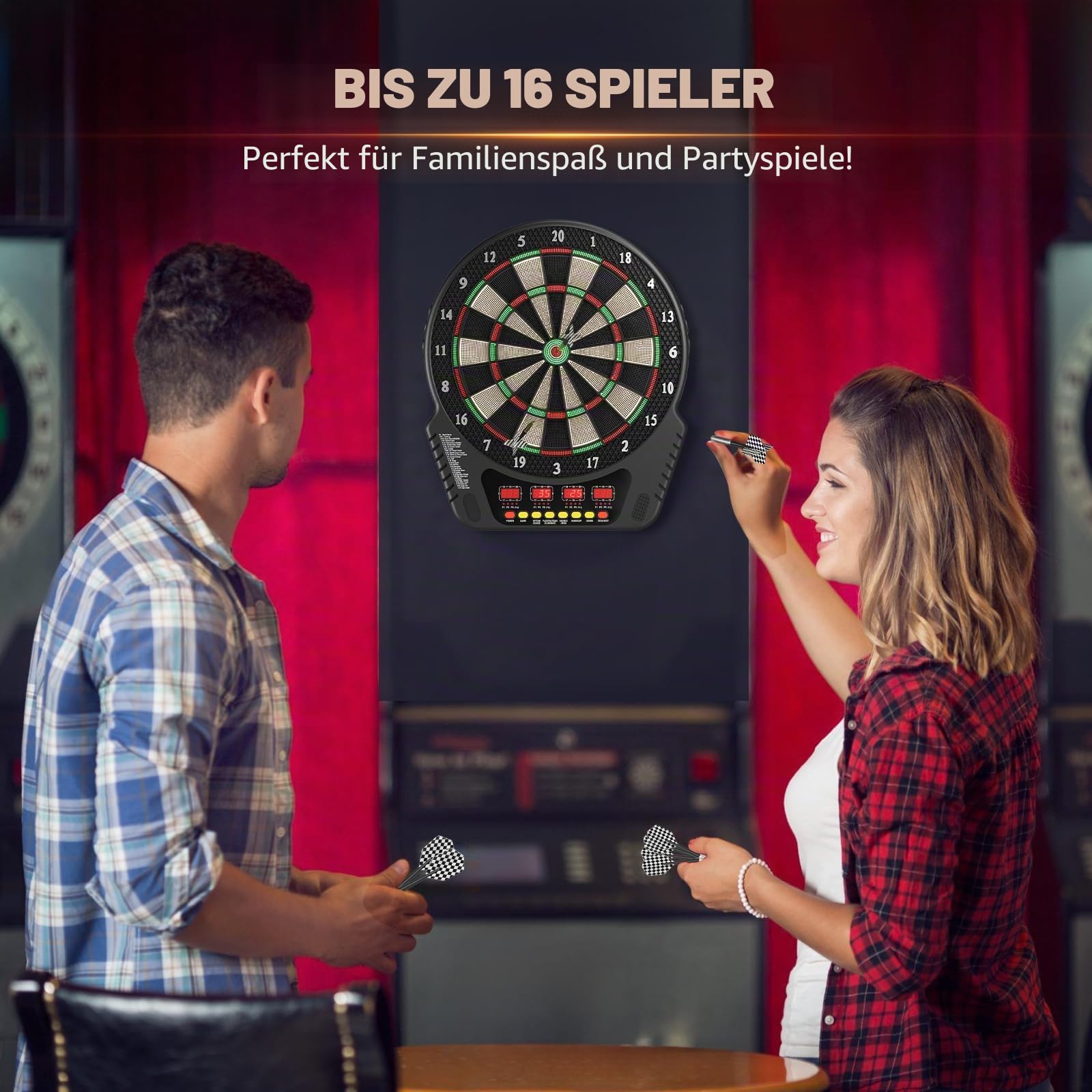 elektronische Dartscheibe Professionelle mit 6 Darts, Innovative Dartmaschine + Zubehör für 1 bis 16 Spieler