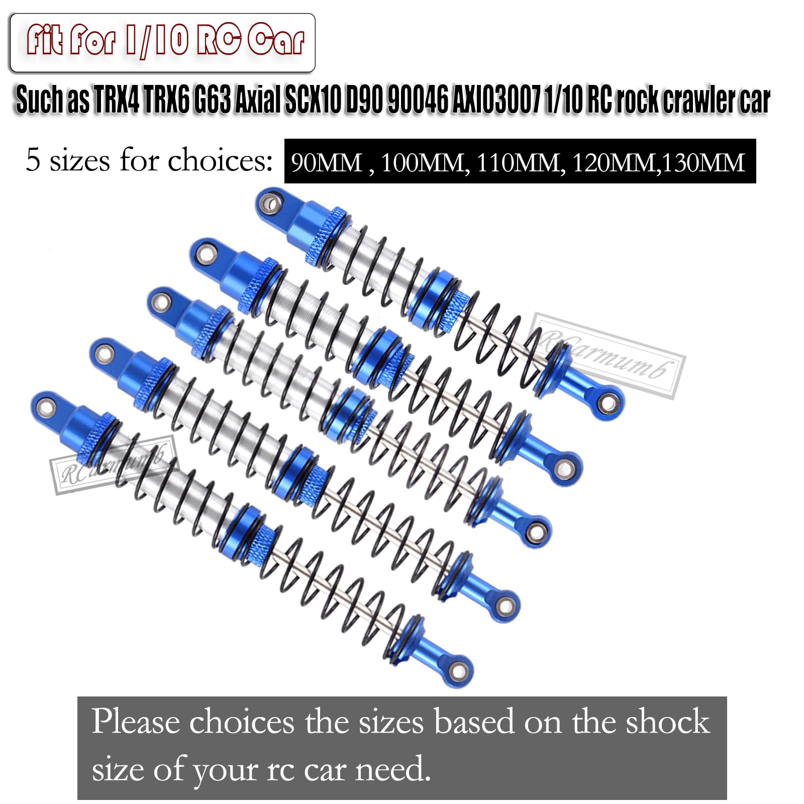 Rcarmumb 90mm Universal Shock Absorber Upgrades Part for 1/10 RC Scale Cars,Aluminum Alloy 7075 RC Adjustable Shocks Damper Universal Hops Up,4PCS,Navy Blue