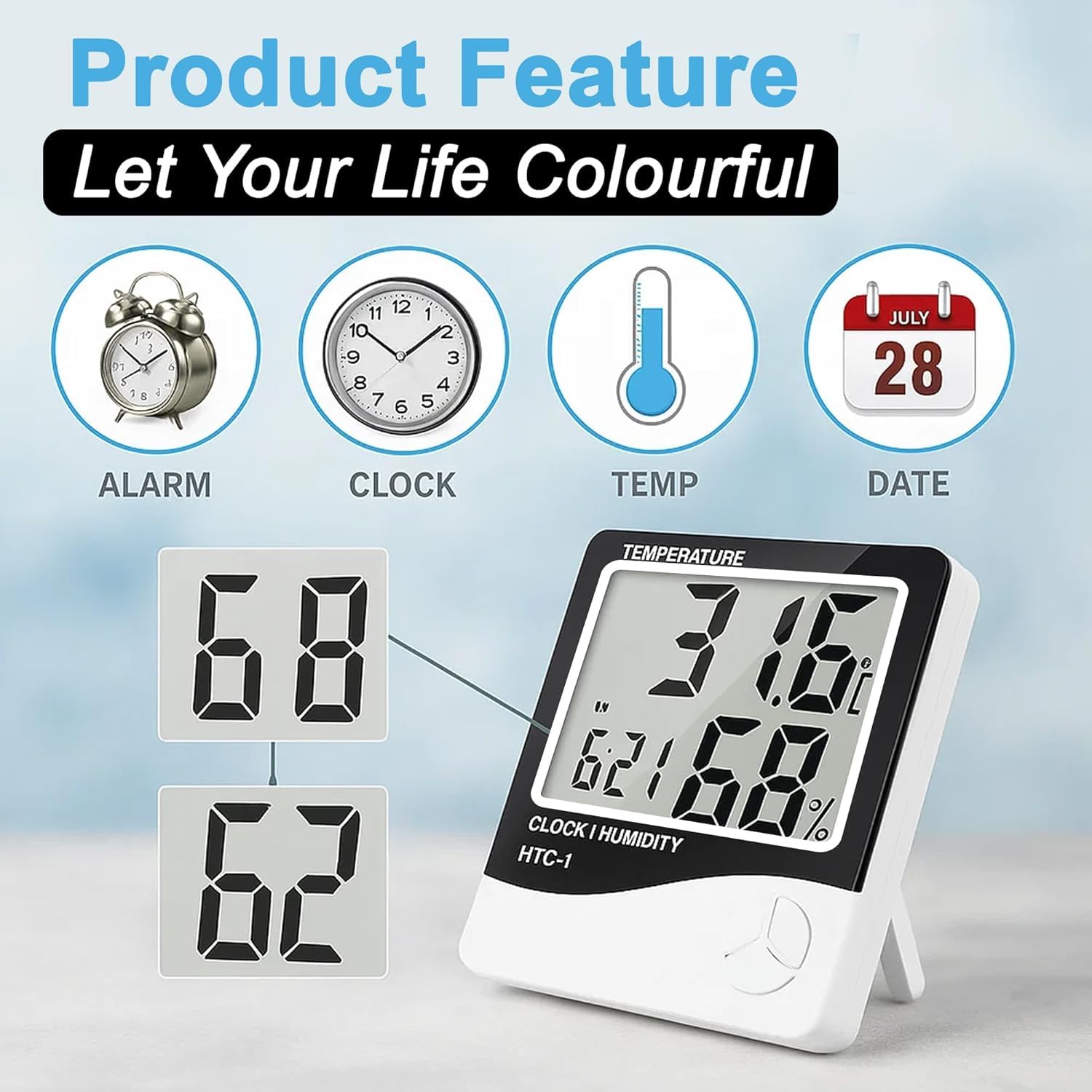 Digital Temperature Humidity Monitor HTC-2, Indoor Outdoor Thermometer with Clock, LCD Display with External Probe 2