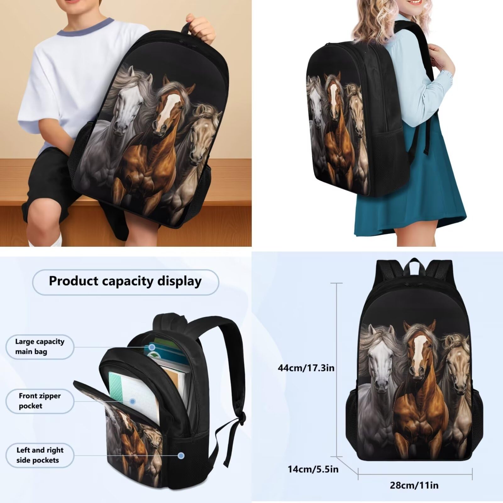 COEQINE Juego de 4 mochilas con temática de caballos para niños, adolescentes, niñas, lonchera, estuche para lápices, botella de agua grande, Caballos negros