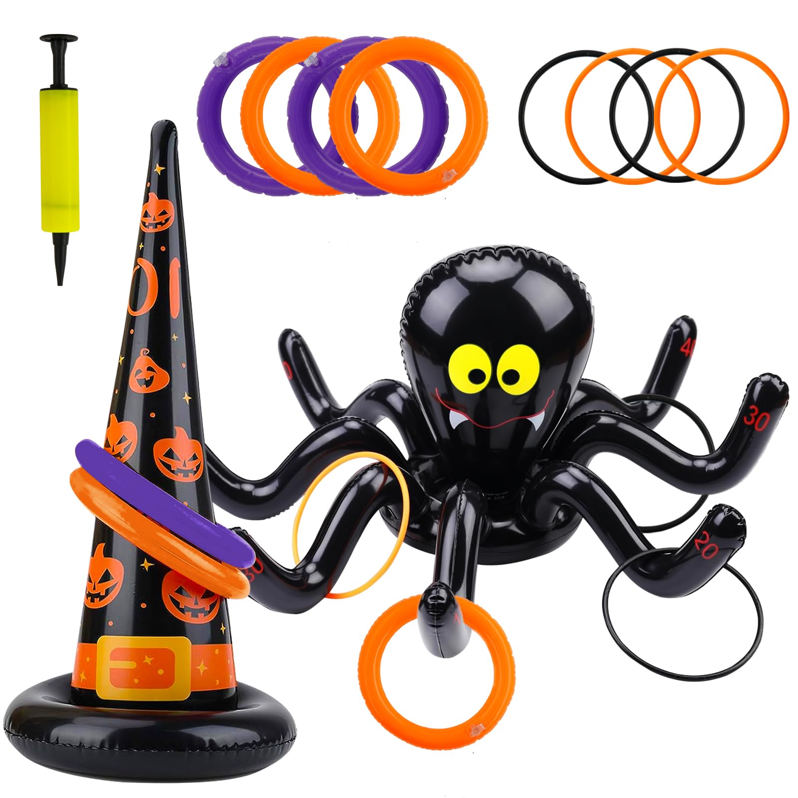 Jeu De Lancer Halloween - Pieuvre Gonflable Avec 8 Anneaux - Pour Enfants Et Adultes - Fête, Anniversaire, Extérieur