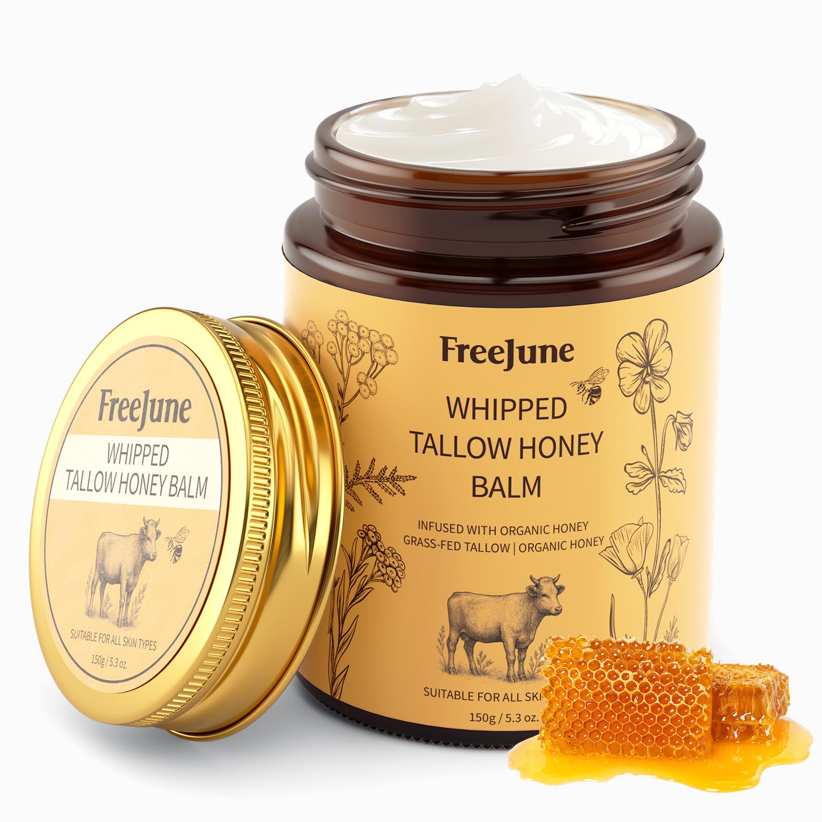 FreeJune Beef Tallow for Skin, Tallow and Honey Balm for Face 5.3 OZ Organic Whipped Moisturizer with Grass Fed - Face & Body Cream for for Nourishing