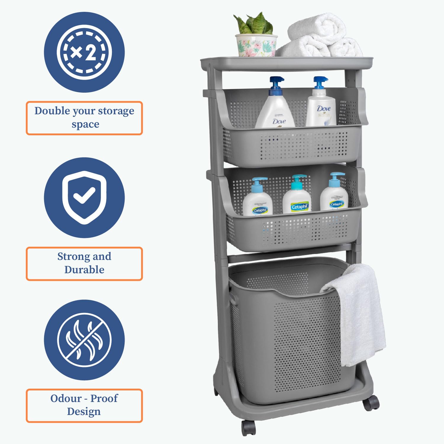 HomeStrap Laundry Magic Mover /3 Layer Laundry Basket with Wheels/Storage Basket/Household Kitchen Shelf (Grey) Plastic 3
