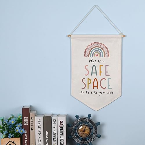 Miniatura 4 de This is a Safe Space to Be Who You Are Neutral Positivity Art Children's Playroom Wall Banner Rainbow Classroom Decoración de pared Banner Terapia