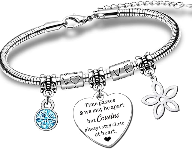 QMVMV Charm Love Heart Flower Cousin Bracelet Gifts For Women Girls Birthday Christmas Long Distance Jewellery- Cousins Always Stay Close At Heart