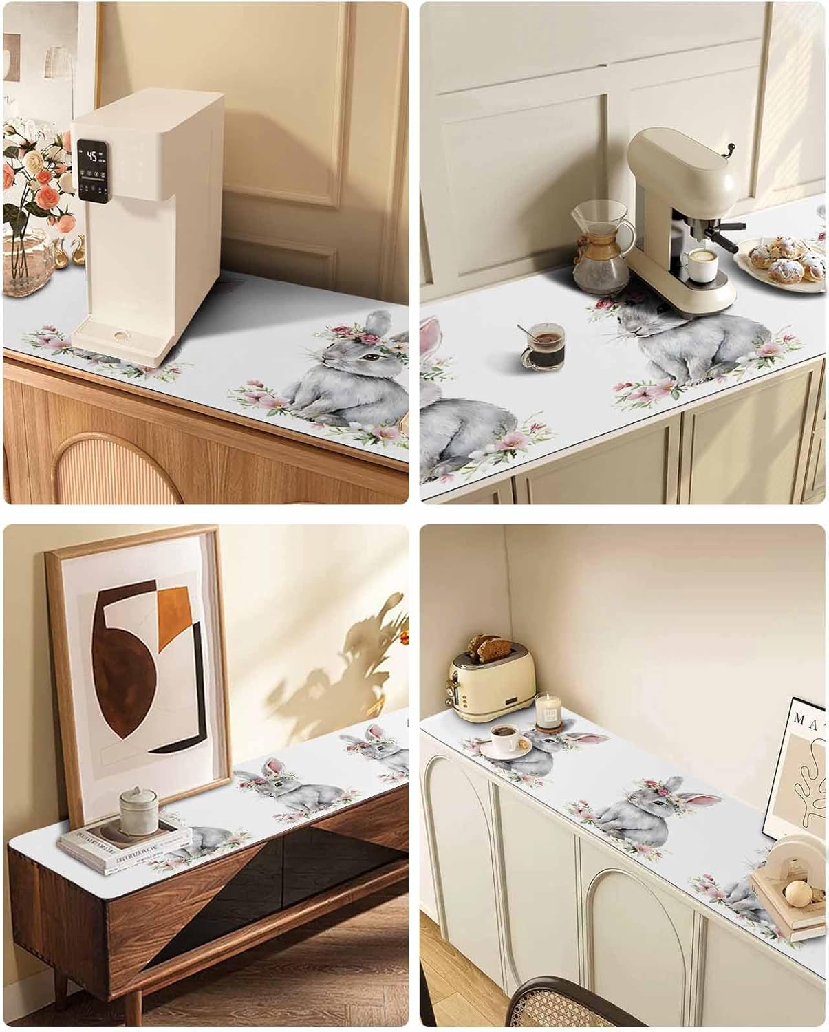 Countertop Protector Mats, Watercolor Grey Easter Rabbit Flowers Wreath Non-Slip Heat-Proof Dining Table Mats Decorative Surface Protection for Countertops Kitchen Islands Tables 12"x 48"
