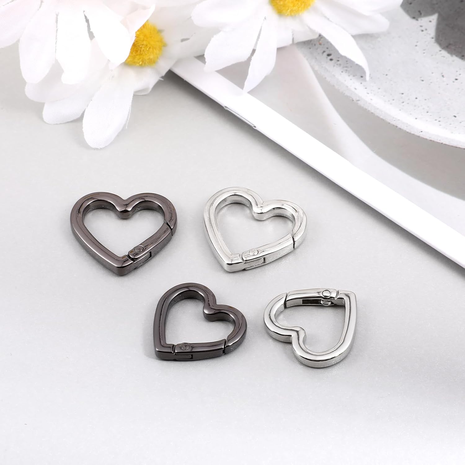 4 PCS Heart Shaped Key Ring, Metal Heart Keychain Clip Cute Stainless Steel Hearts Keychains Hearts Clasp Hook for Purse Bling Camping Hiking Fishing Traveling Backpack, Black & Silver - Image 2