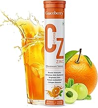 Graceberry Natural Vitamin C + Zinc 1000mg with Amla, Orange Extract Supports Organic Immunity Booster 20 Effervescent Tablets| Helps Build Collagen For Healthy Nail, Hair & Skin