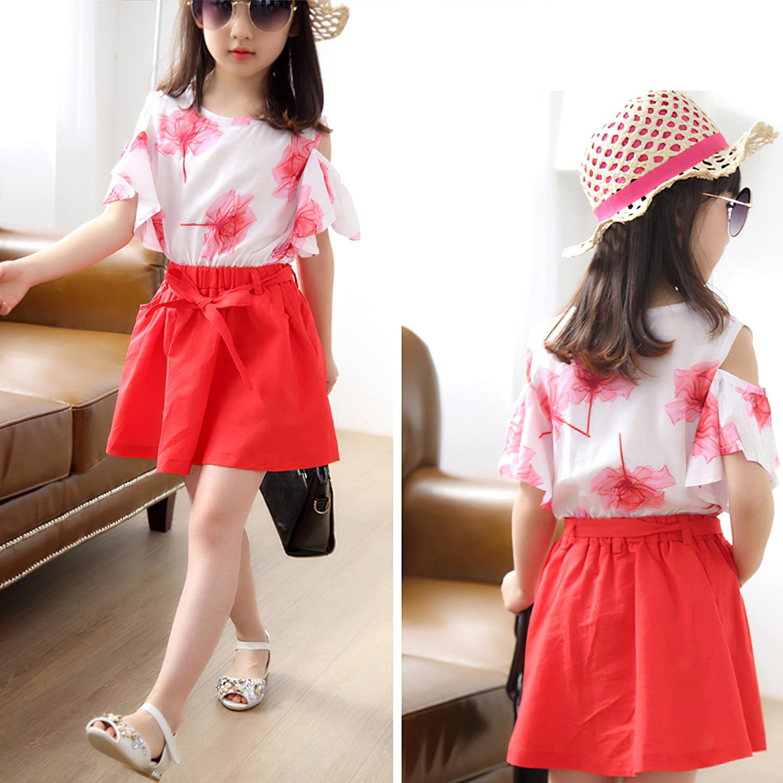 amropi Niña Floral Conjunto de Verano Camiseta de Manga Volantes y Falda 2 Piezas Ropa Set 3-12 años