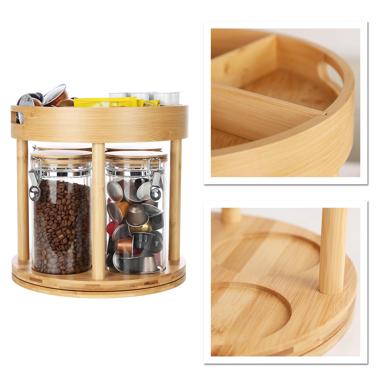 KKC HOME ACCENTS Kaffee-/Tee-Bar-Zubehör-Organizer für Arbeitsplatte, luftdichte Glas-Kaffeedosen mit drehbarem Bambusgestell für Kaffeebohnen, gemahlenen Kaffee, Tee, Kaffeekapseln