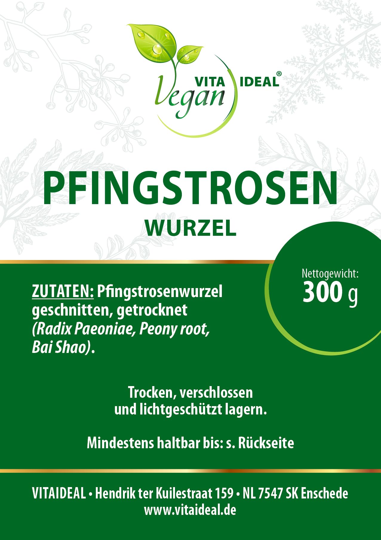 VITA IDEAL Vegan® PFINGSTROSEN - Wurzel 4x 300g geschnitten & getrocknet - Paeonia - PFINGSTROSENWURZEL - Pfingst - Rosenwurzel Kräuter Tee & Aufguss, ohne Zusatzstoffe.