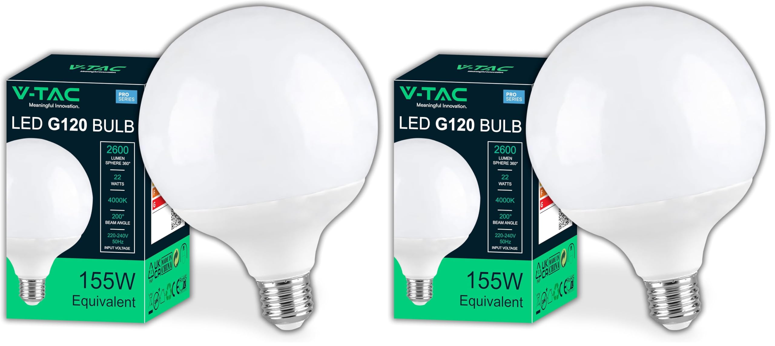 V-TAC Lampadina LED Globo 22W (Equivalenti a 155W) G120 - Attacco E27-2600 Lumen - Lampadina LED Massima Efficienza e Risparmio Energetico - Luce 4000K Bianca Naturale (Confezione da 2)