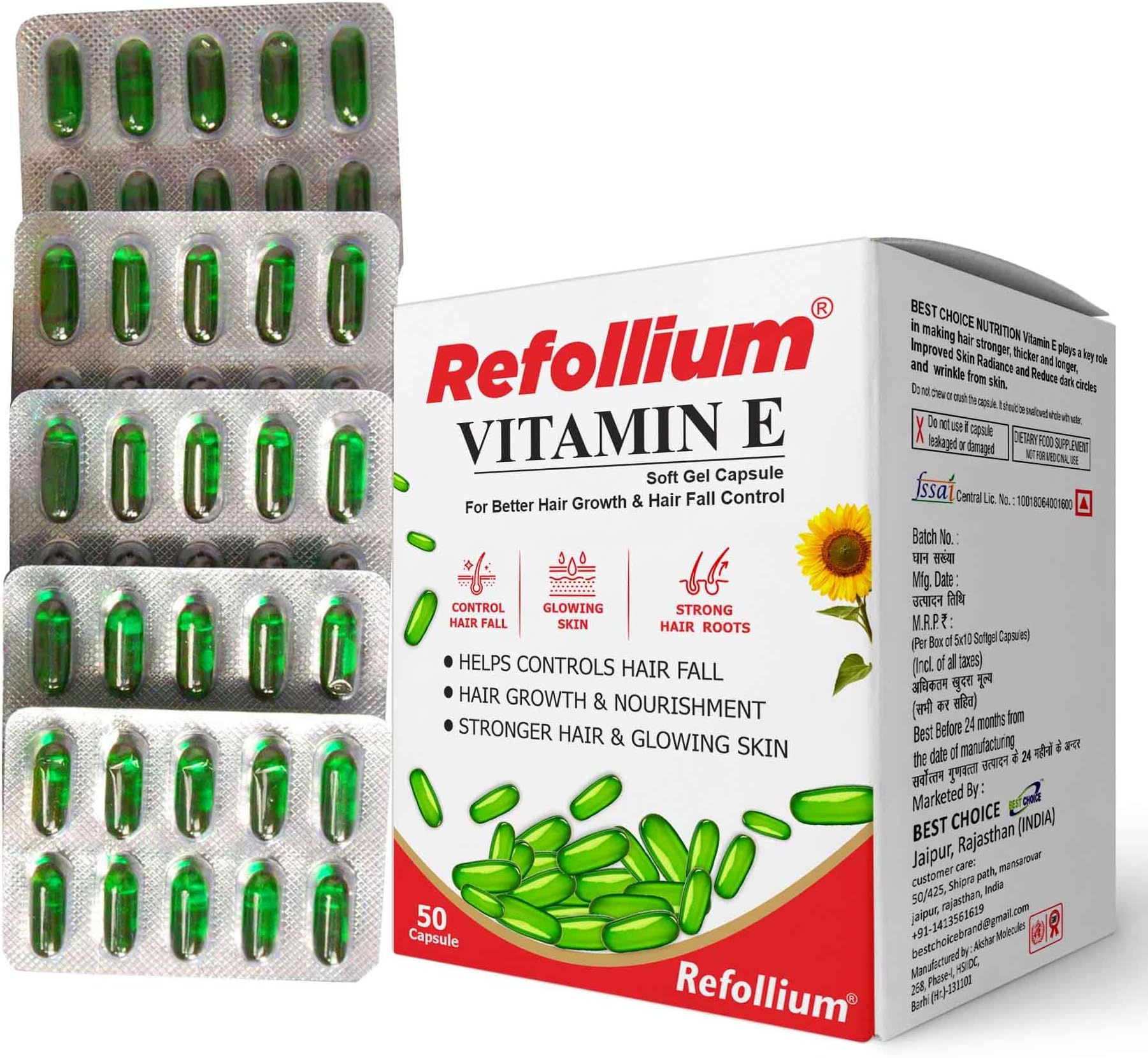 Vitamin E Capsule for Glowing Face, Skin and Hair Nutrition 50 Capsules, 100 grams