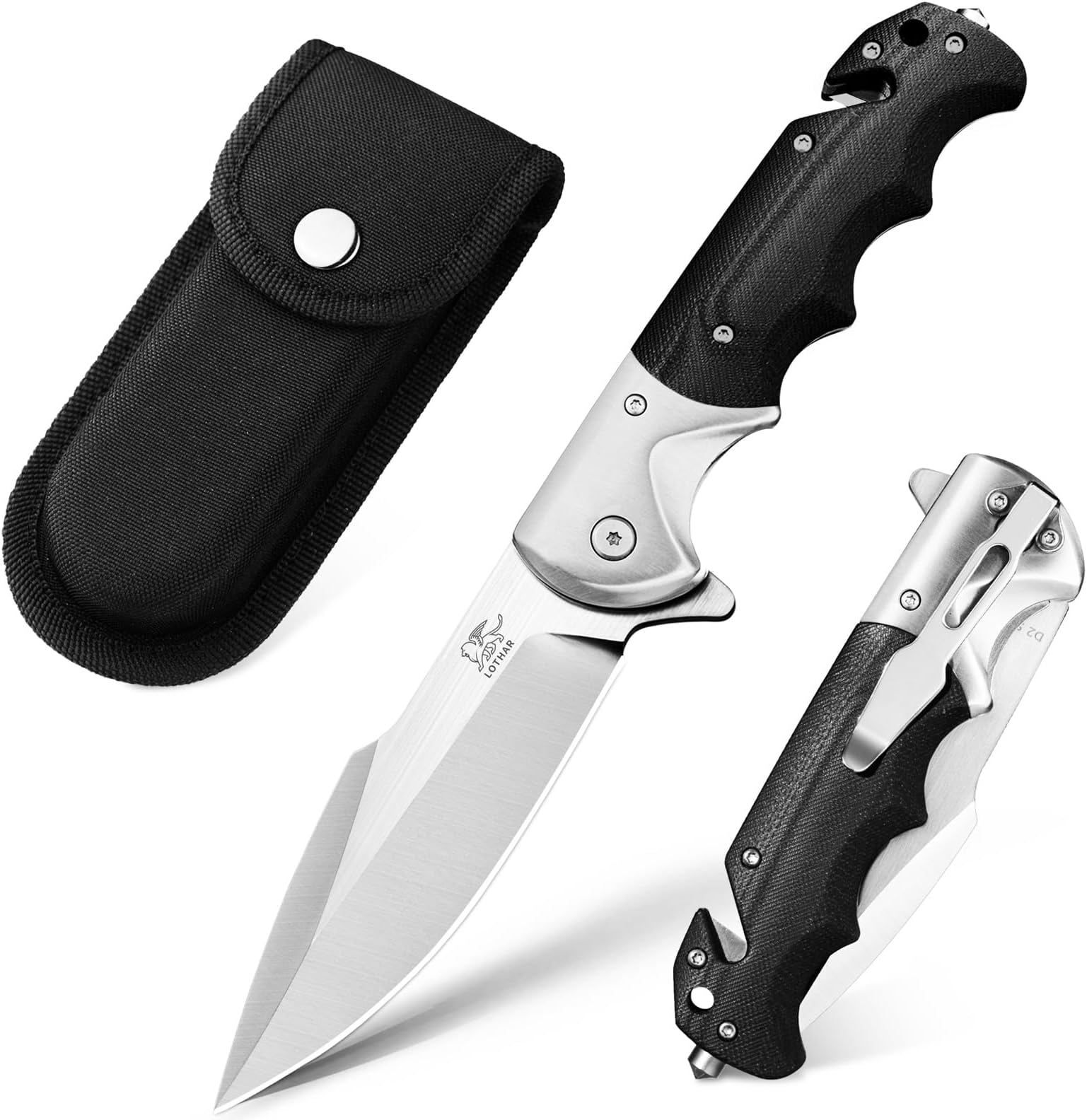 LOTHAR Smaug Folding Pocket Knife, 3.7 inch D2 Steel Blade G10 Handle, Tactical Survival Knife with Glass Breaker Seatbelt Cutter, EDC Pocket Clip Knife for Hunting Camping