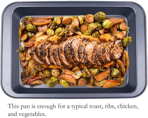 Miniatura 3 de Sartén antiadherente con estante, asador de pavo de 16.5 x 11 x 2 pulgadas para pavo, pollo, carne y verduras, lasaña (gris)