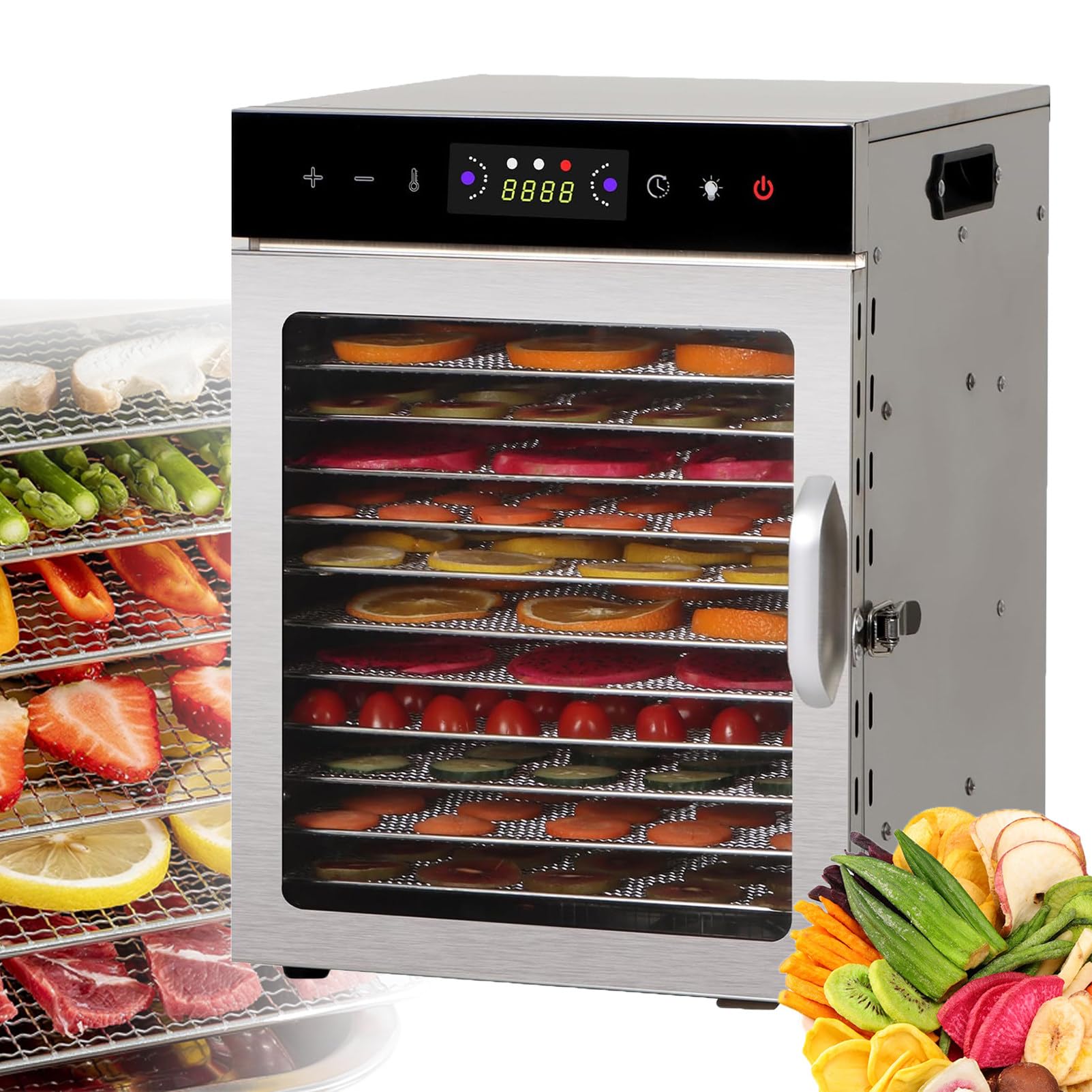 Essiccatore Per Alimenti A 6/8/12/18 Vassoi, Essiccatore Per Frutta In Acciaio Inox, Essiccatore Per Carne Con Vassoi Rimovibili, Controllo Della Temperatura Da 30℃ A 90℃, Timer 24 Ore,12-Tray