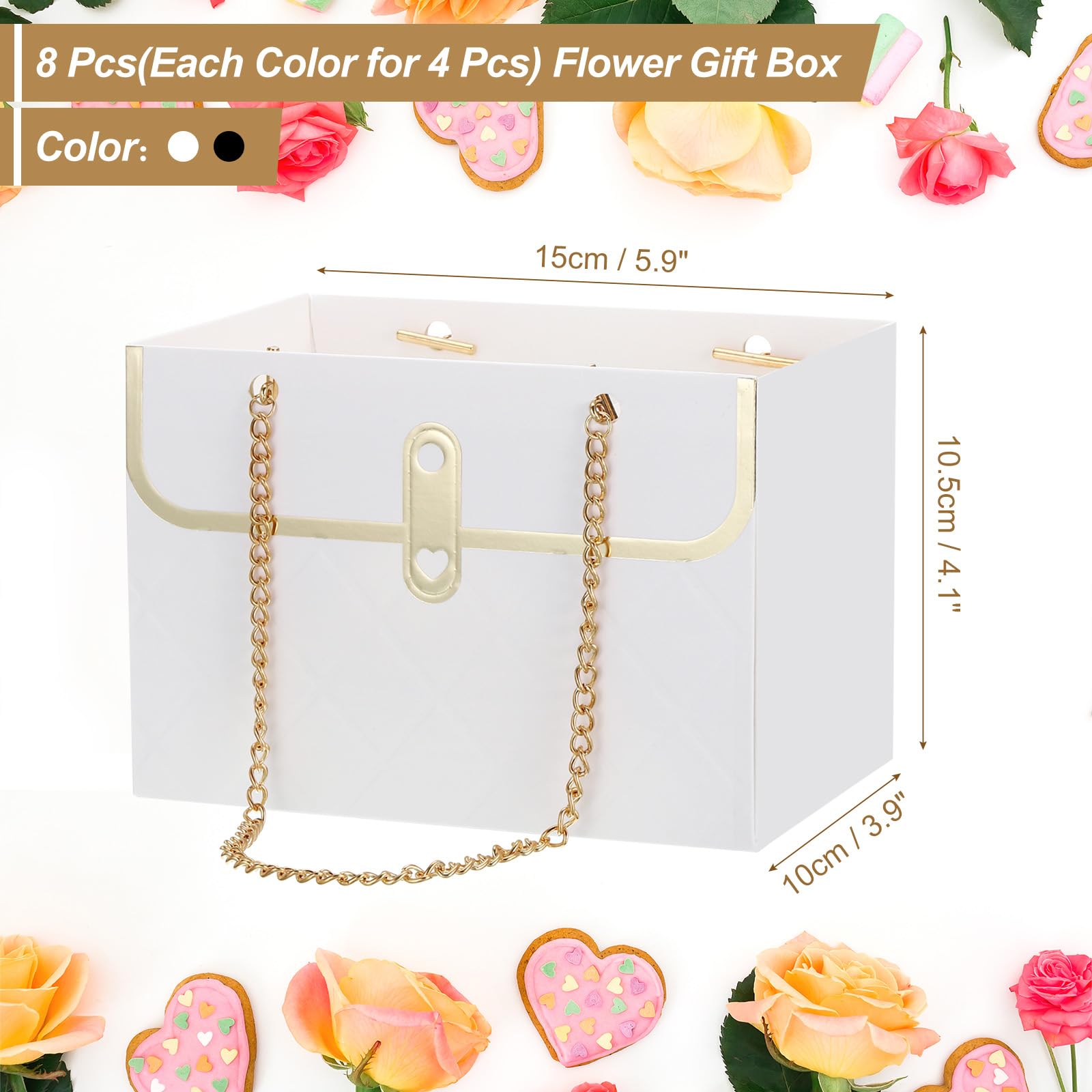 PATIKIL Buste Regalo per Fiori di Carta, 8pz Buste Regalo Fiori Bouquet in Carta con Manico a Catena Rettangolare per Fioristi Matrimoni Feste Compleanno, Bianco Nero