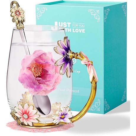 Wisolt Birthday Gifts for Women, Enamel Glass Tea Cup with Spoon