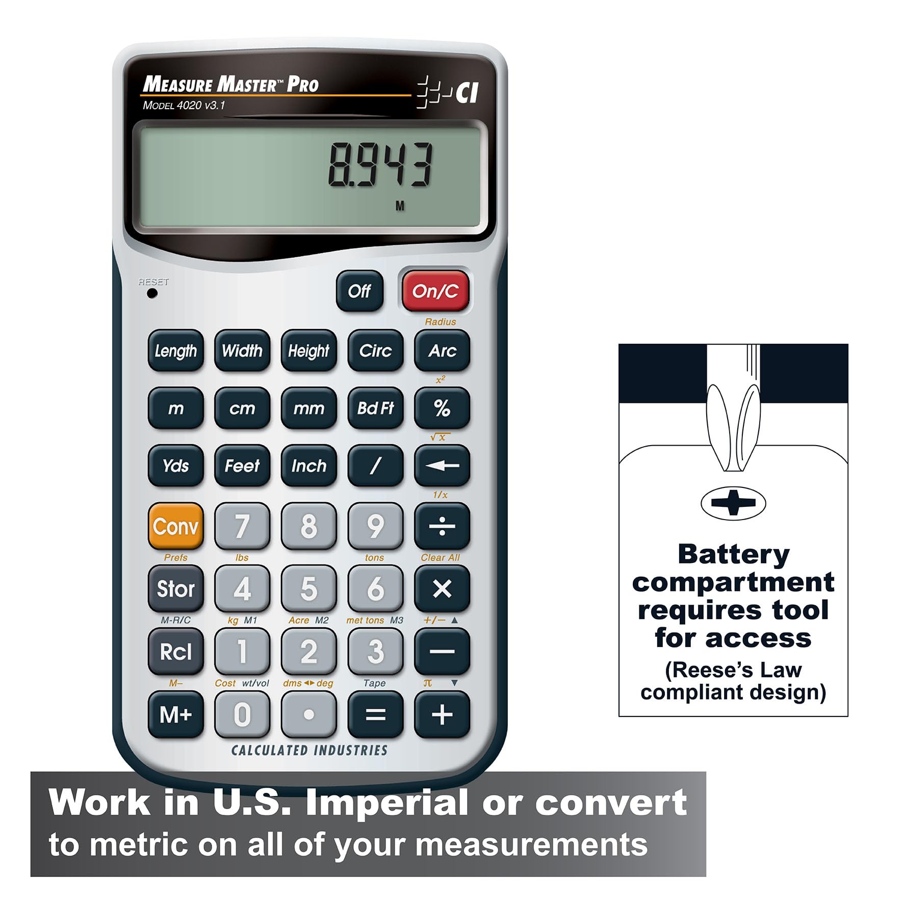 Calculated Industries 4020 Measure Master Pro Mathematikrechner, Fuß-Zoll-Fraktion und metrischer Konstruktion, Silber