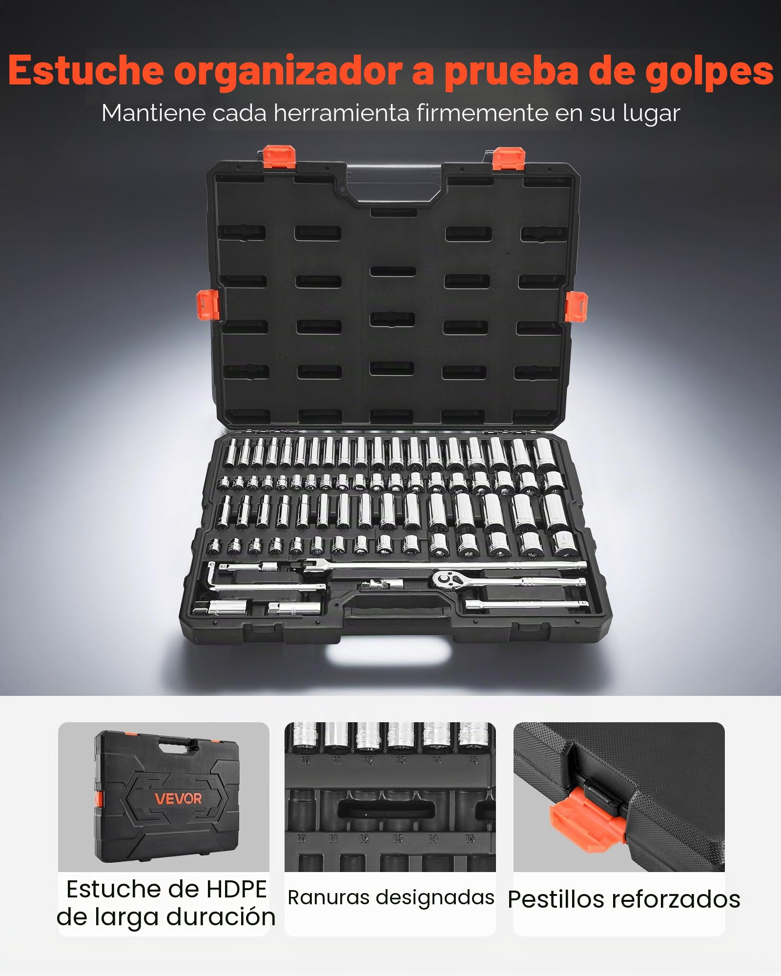 VEVOR Juego de Vasos de 9,5 mm, SAE y Métricos, con Carraca Profunda y Poco Profunda, con Accesorios y Estuche, Acero de Aleación CR-V, para Reparación de Automóviles, 535 x 410 x 89 mm, 76 uds