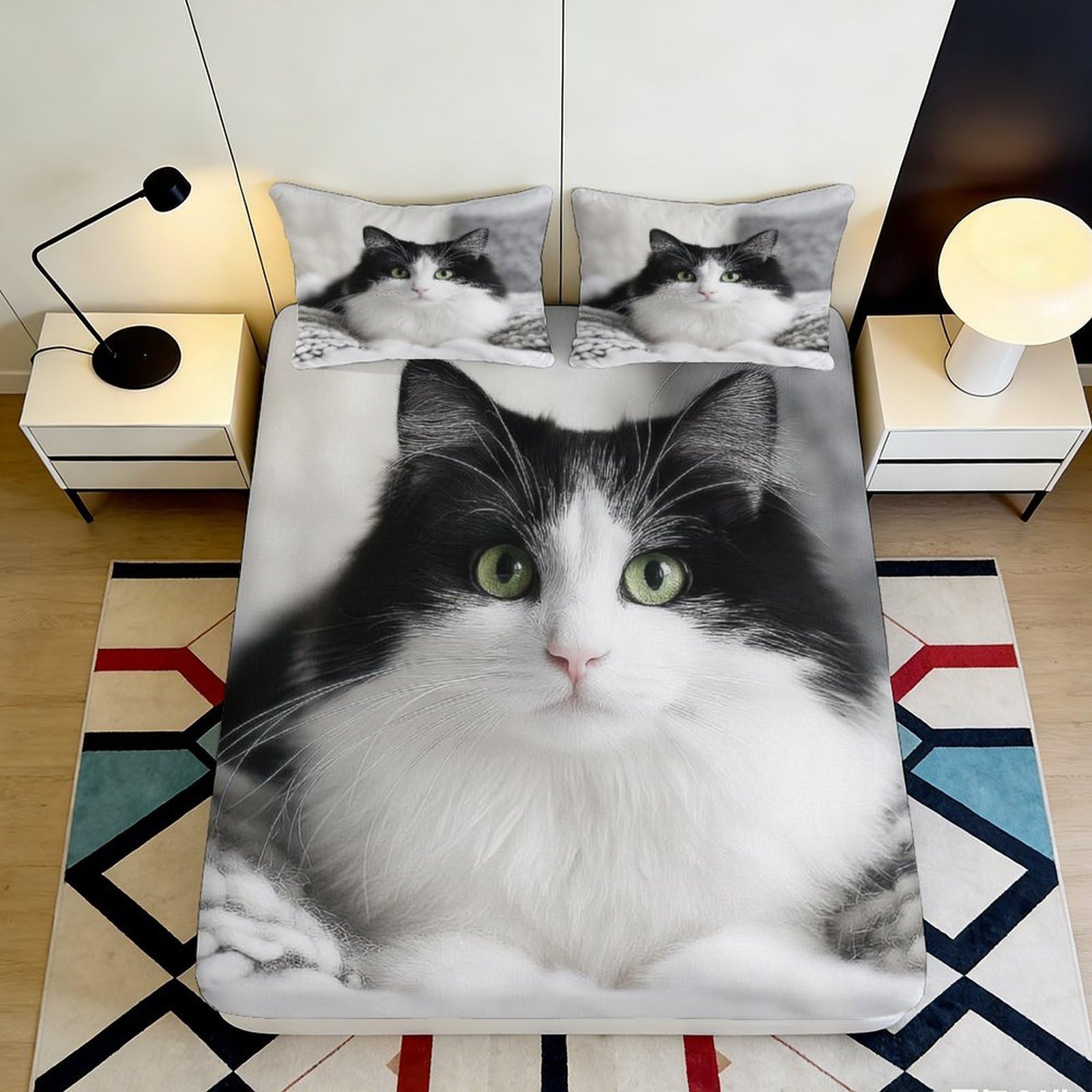 3D Printed Black White Cat Fitted Sheet Microfiber Soft Breathable Fluffy Cat Mattress Cover for Bedroom Dormitory Guest Room Protection Decor 180x200x25cm