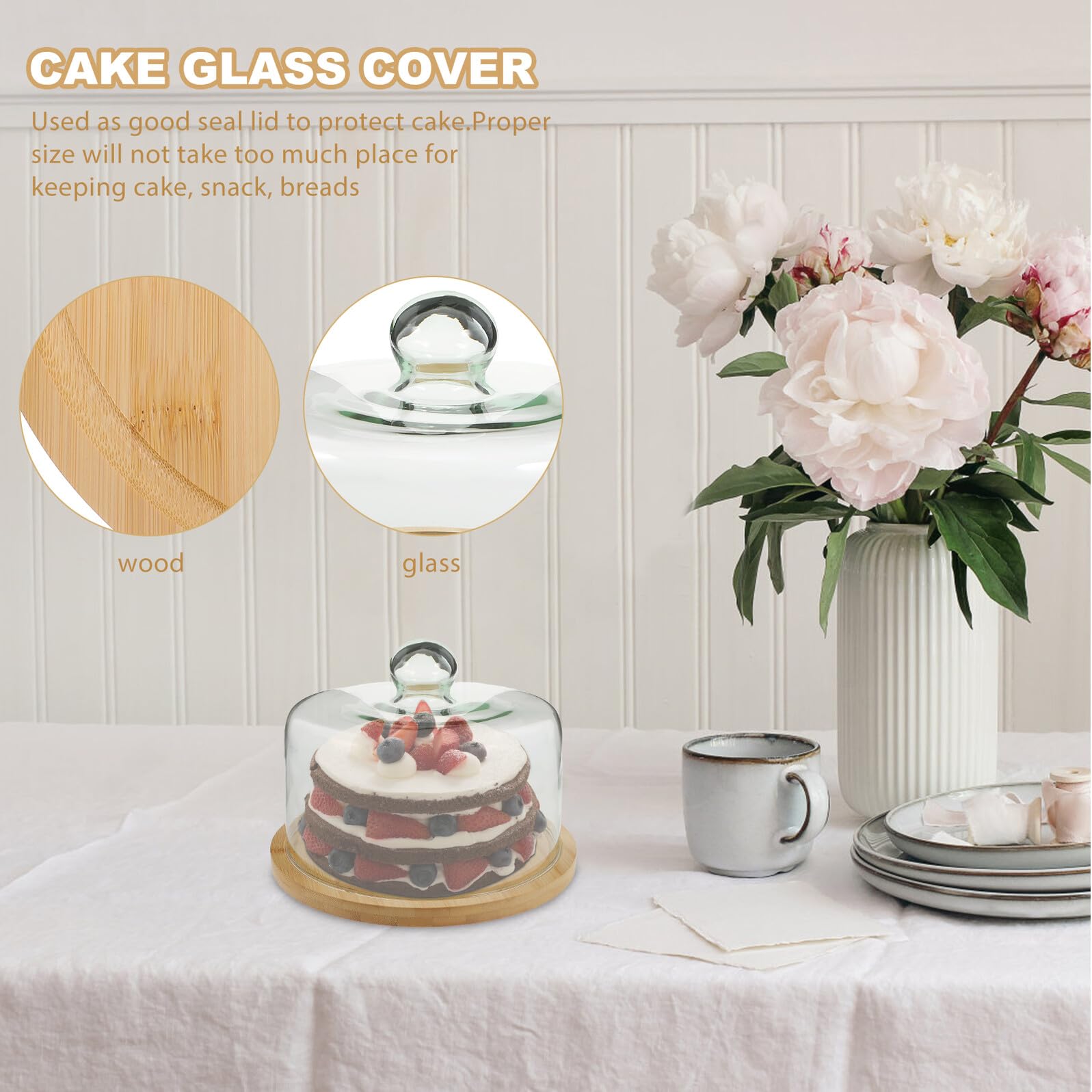 Cloche Alimentaire pour Gâteau 1 Set en Verre, avec Plateau en Bois