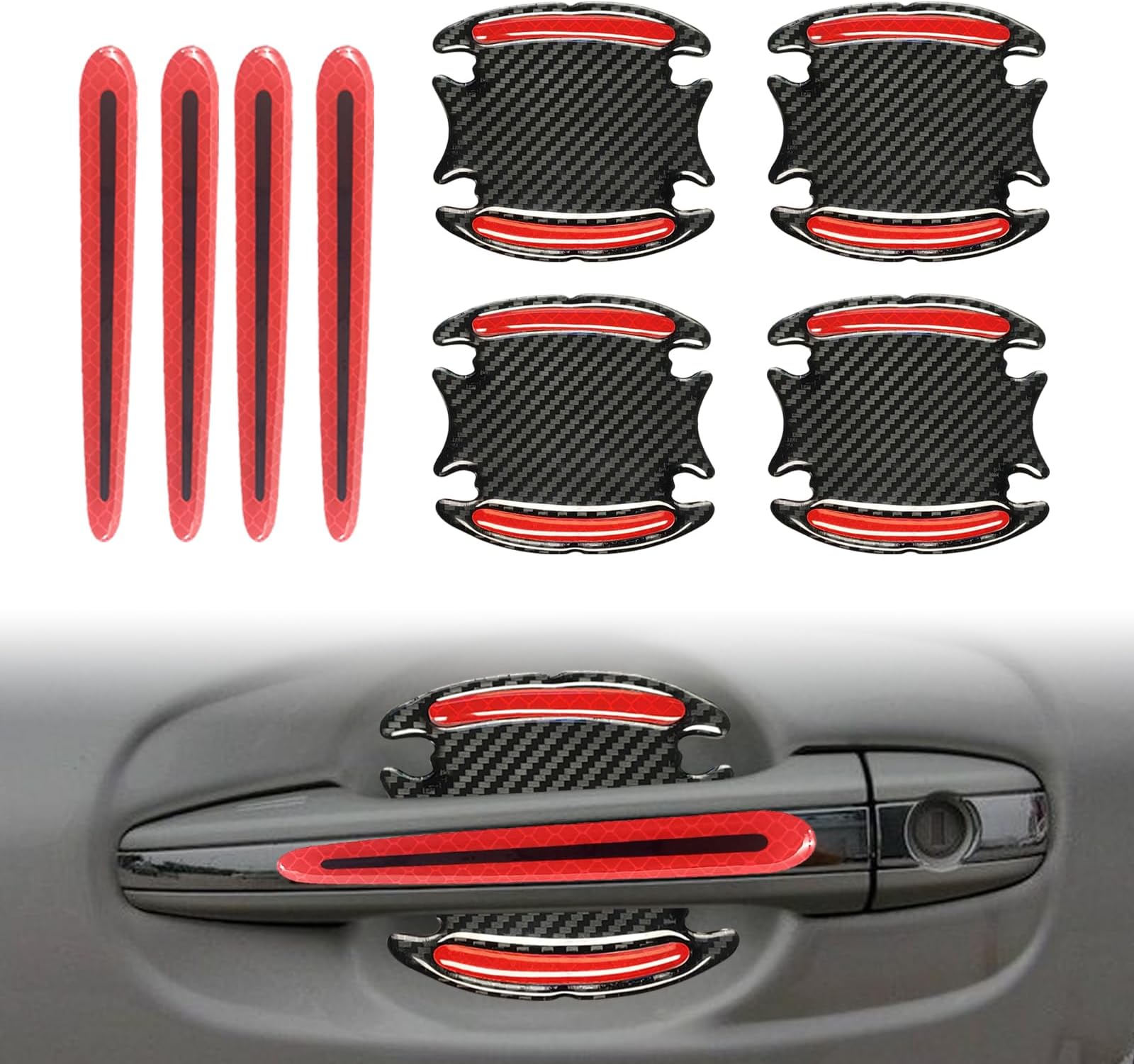 BSAMZO 8pcs Car Door Handle Paint Scratch Protector Sticker, Universal 3D Carbon Fiber Auto Door Handle Scratch Cover Guard, Protective Film Pad with Safety Reflective Strips(Red)