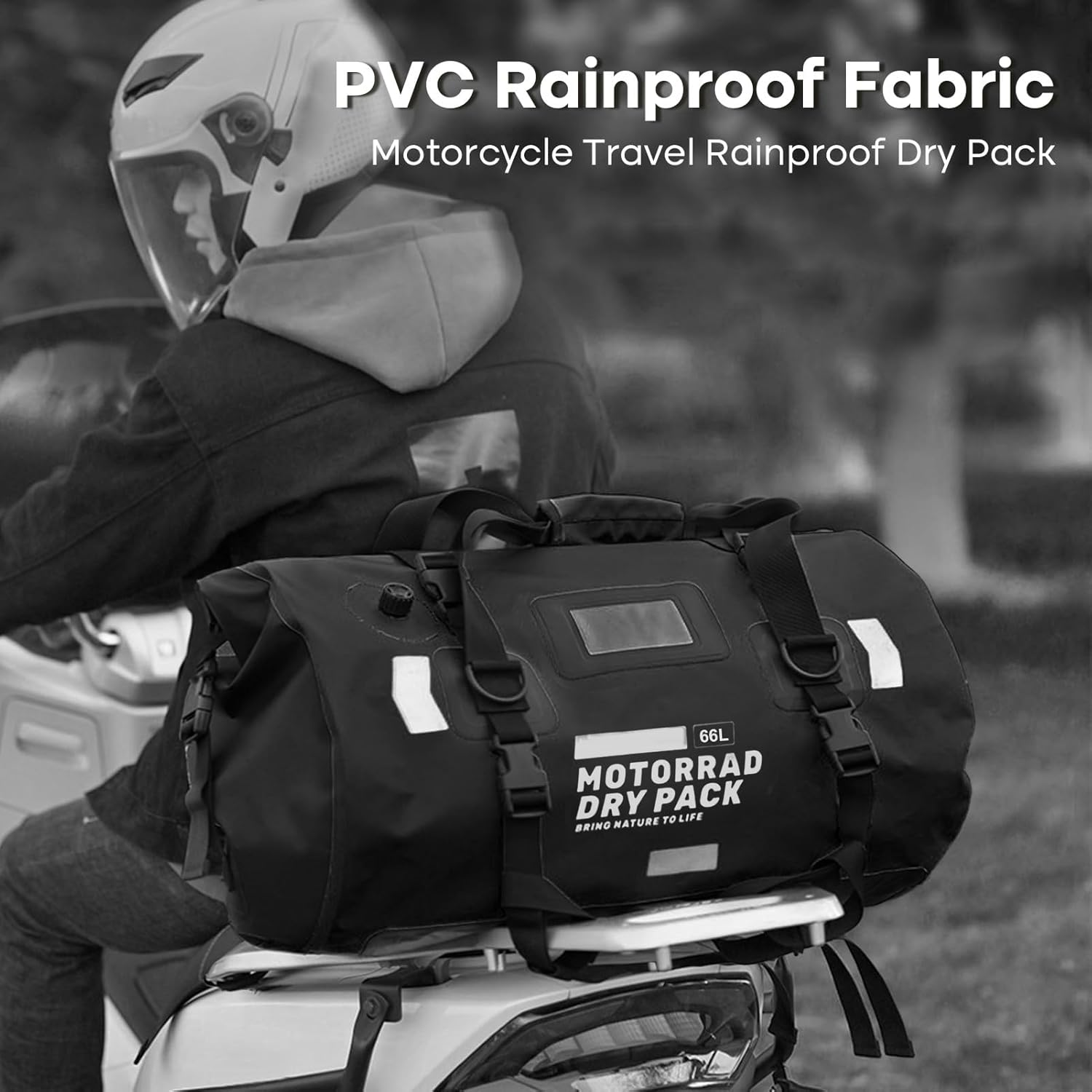 doorslay 66L Cycling Bag, watertight Outdoor Travel Bag with 4 Straps and Reflective Strips, for Motorcycle Biking Camping Beach Gym Kayaking Rafting (Black 66L)