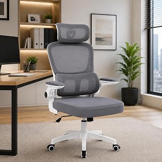 Cadeira de Escritório Suporte Lombar Ergonômico Malha Respirável Mesh Apoio Cabeça Confortavél Art Cadeiras Presidente Premium (Cinza e Branco)