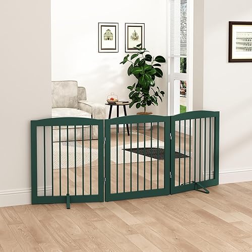Miniatura 29 de Puerta independiente plegable para mascotas para perros, puerta plegable de madera para perros para la casa, barrera interior extra ancha para Negro