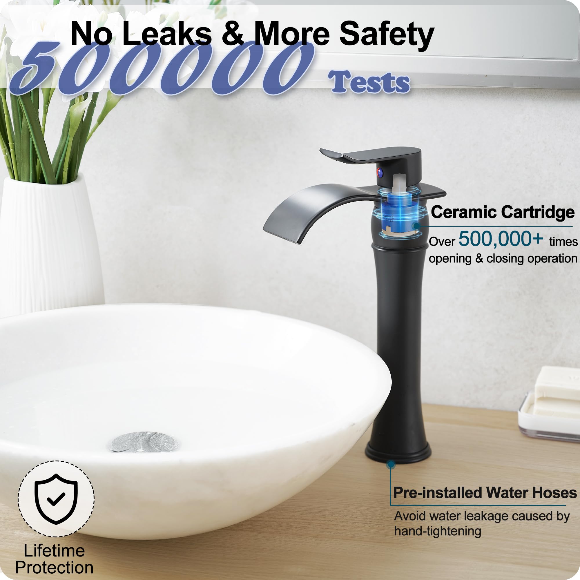 Rubinetto per lavabo da appoggio nero, rubinetto alto a maniglia singola per lavabo da bagno, set di rubinetti per vasca da bagno a cascata in ottone massiccio, rubinetto per vasca a 3 fori nero opa
