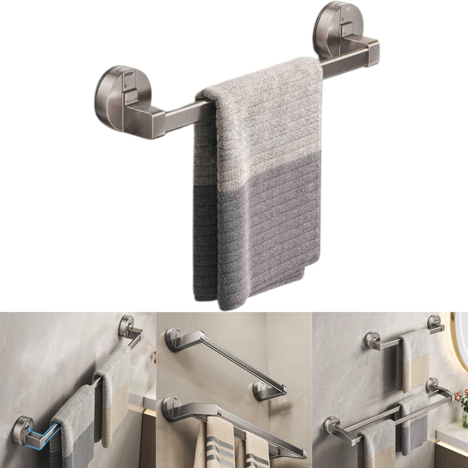 Boxonly Suction Towel Rack for Bathroom Wall-Mounted Single Bar, Heavy-Duty Stainless Steel, Gun Gray, 30cm