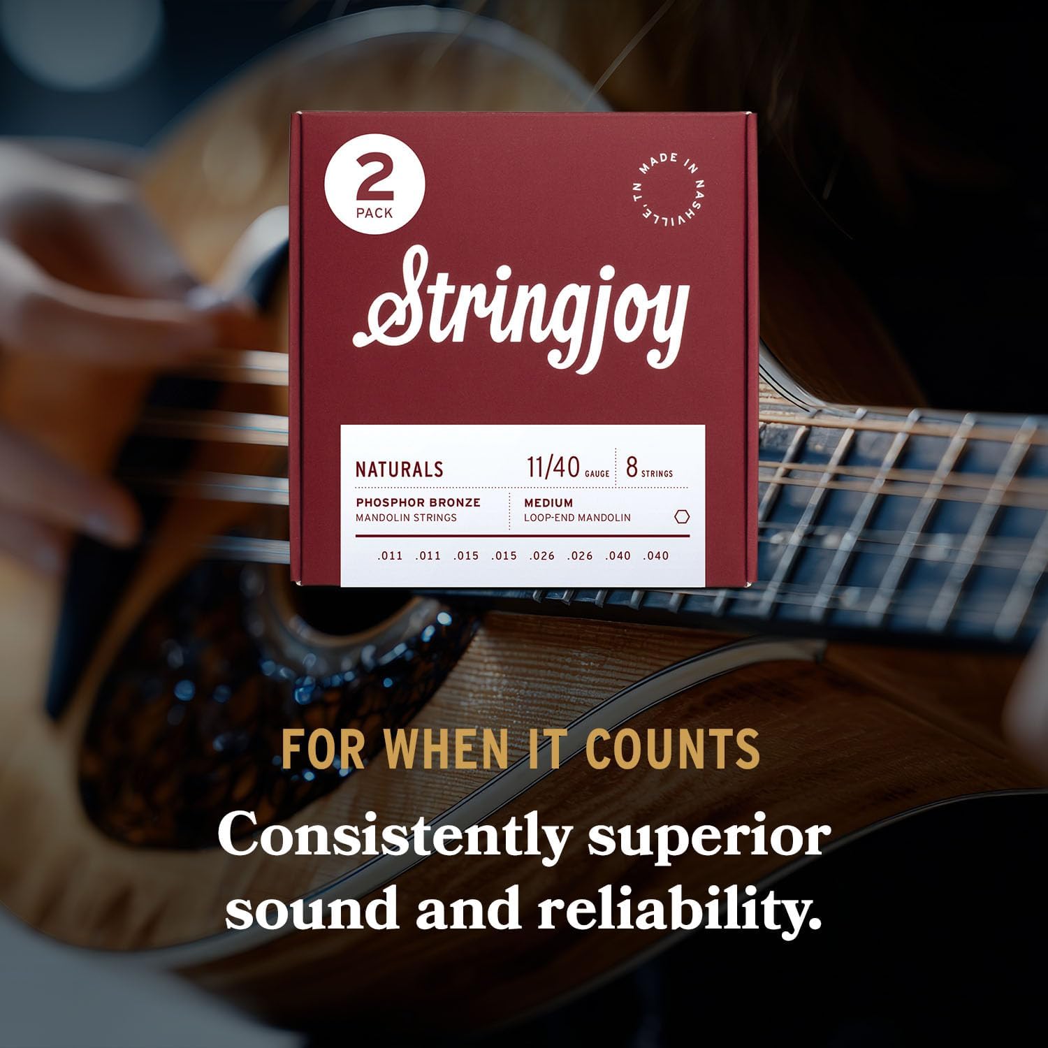 Stringjoy Naturals 11-40 Balanced Light Medium Mandolin Strings – Naturals Phosphor Bronze Mandolin Strings - Long-Lasting, Rich and Balanced Loop-End Strings, 8 String Set, 2-Pack