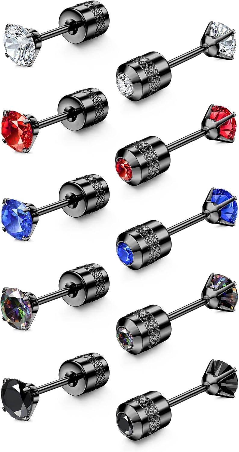 CASSIECA 5 Pairs 𝐒𝐮𝐫𝐠𝐢𝐜𝐚𝐥 𝐒𝐭𝐞𝐞𝐥 𝐄𝐚𝐫𝐫𝐢𝐧𝐠𝐬 Screw Back Stainless Steel Stud Earrings for Women Men, Rainbow 5A Cubic Zirconia Sleeper Studs 𝐇𝐲𝐩𝐨𝐚𝐥𝐥𝐞𝐫𝐠𝐞𝐧𝐢𝐜 𝐄𝐚𝐫𝐫𝐢𝐧𝐠𝐬 𝐟𝐨𝐫 𝐒𝐞𝐧𝐬𝐢𝐭𝐢𝐯𝐞 𝐄𝐚𝐫𝐬 3-8mm