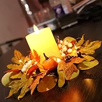 Vista 7 de Coronas de velas de otoño de 12 pulgadas, pequeña corona de otoño para candelabro, guirnalda decorativa de ratán con hojas de arce, bayas