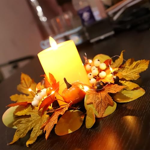 Miniatura 7 de Coronas de velas de otoño de 12 pulgadas, pequeña corona de otoño para candelabro, guirnalda decorativa de ratán con hojas de arce, bayas y