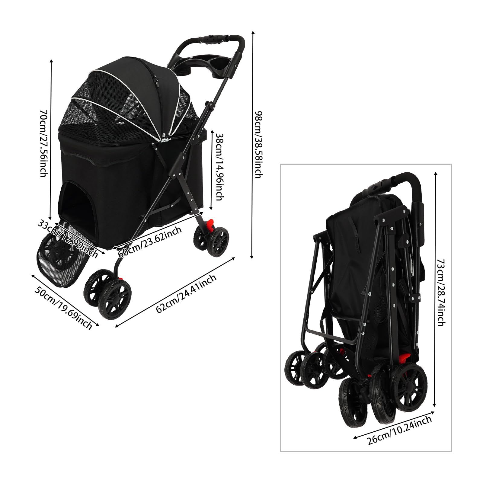 Carrito plegable para perros y gatos, color negro, para perros y gatos de hasta 10 kg, 60 x 33 x 38 cm, 4 ruedas con freno, plegable