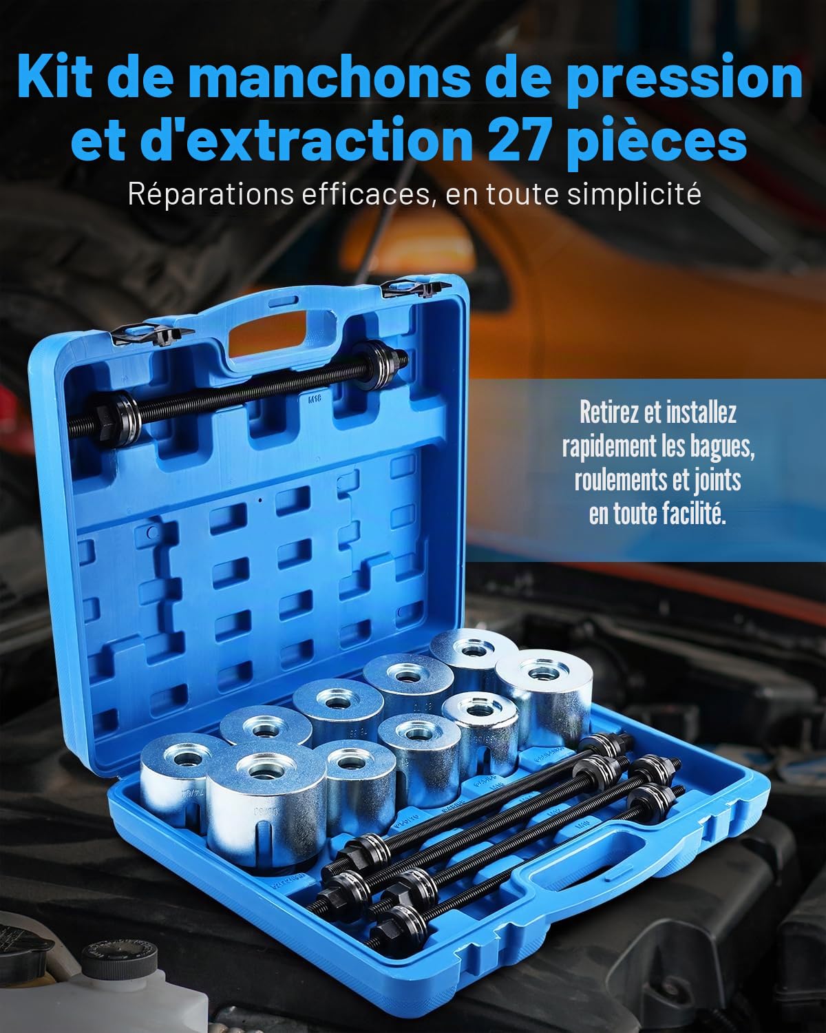BOOMSTART Kit d'outils de roulement Silencieux de 27 pièces pour extraire Les Douilles en Caoutchouc, Les Douilles et Les roulements d'essieu, pour Le Montage et Le démontage