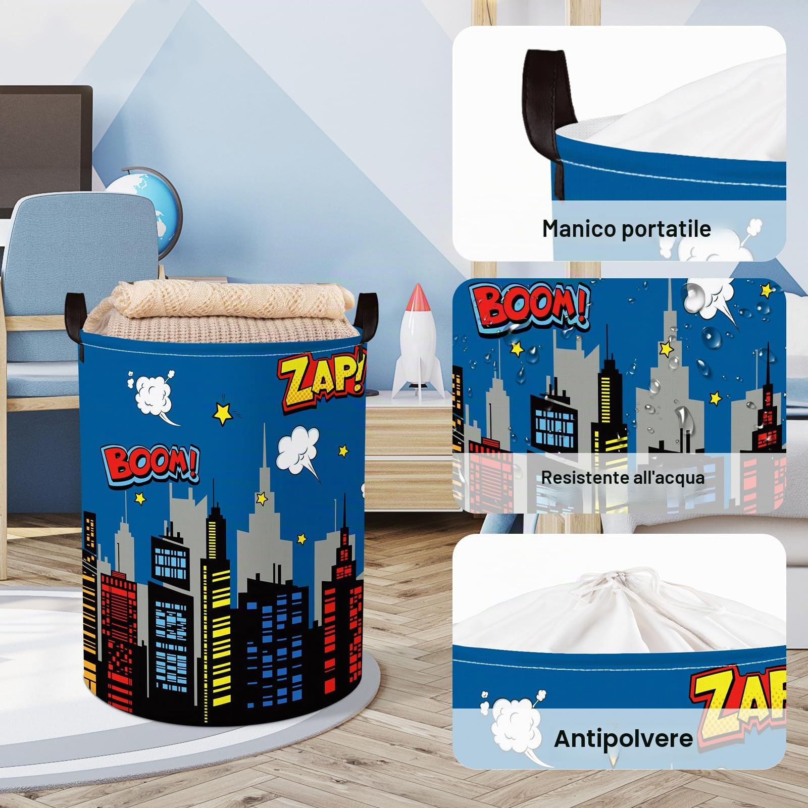 Clastyle Ceste Biancheria Bambini Città Skyline Blu con Coperchio per Ragazzo Ragazza Cestino Portaoggetti Giocattoli Pieghevole Vestiti Giocattolo con Manici per Bagno Cameretta, Skyline, 36x45 cm