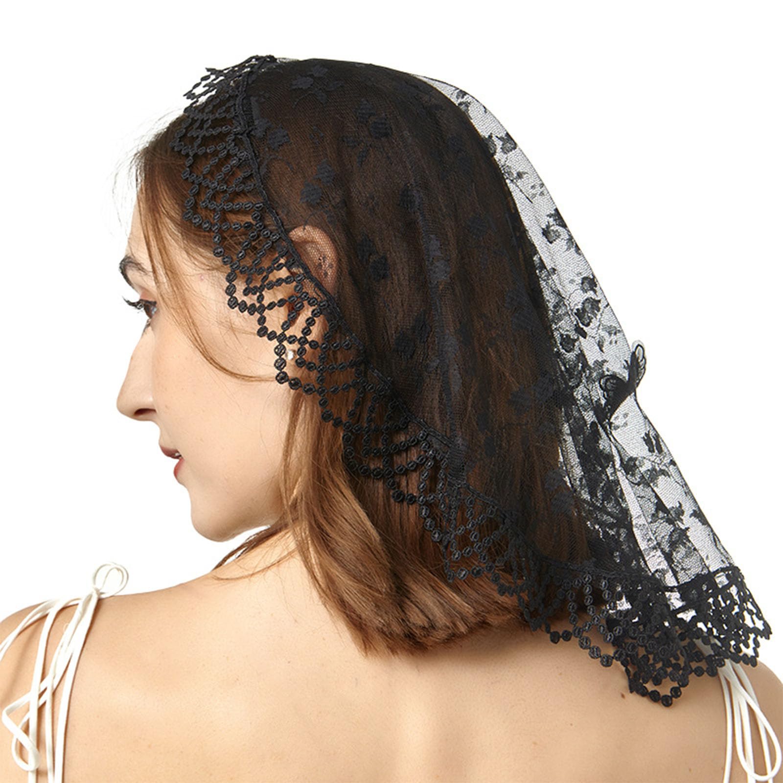 Yuxita Women's Black Multiuse Lace Mantilla Veil Headscarf Catholic Mass Veil For Various Occasion Headcover Religious Event Accessory