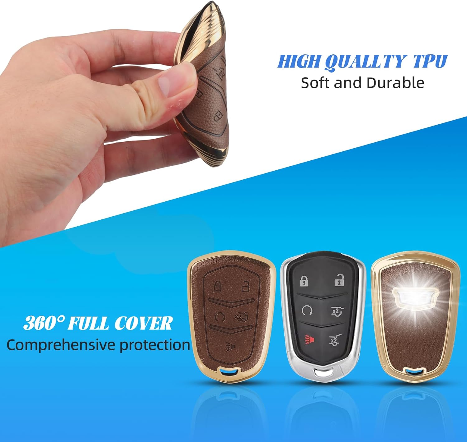 Mild East for Cadillac Key Fob Cover, Soft TPU Leather Remote Car Key Cover Compatible with Cadillac ATS CTS CT6 DTS Escalade STS SRX XTS XT4 XT5 XT6, 5-6 Buttons (Brown, 5 Buttons)