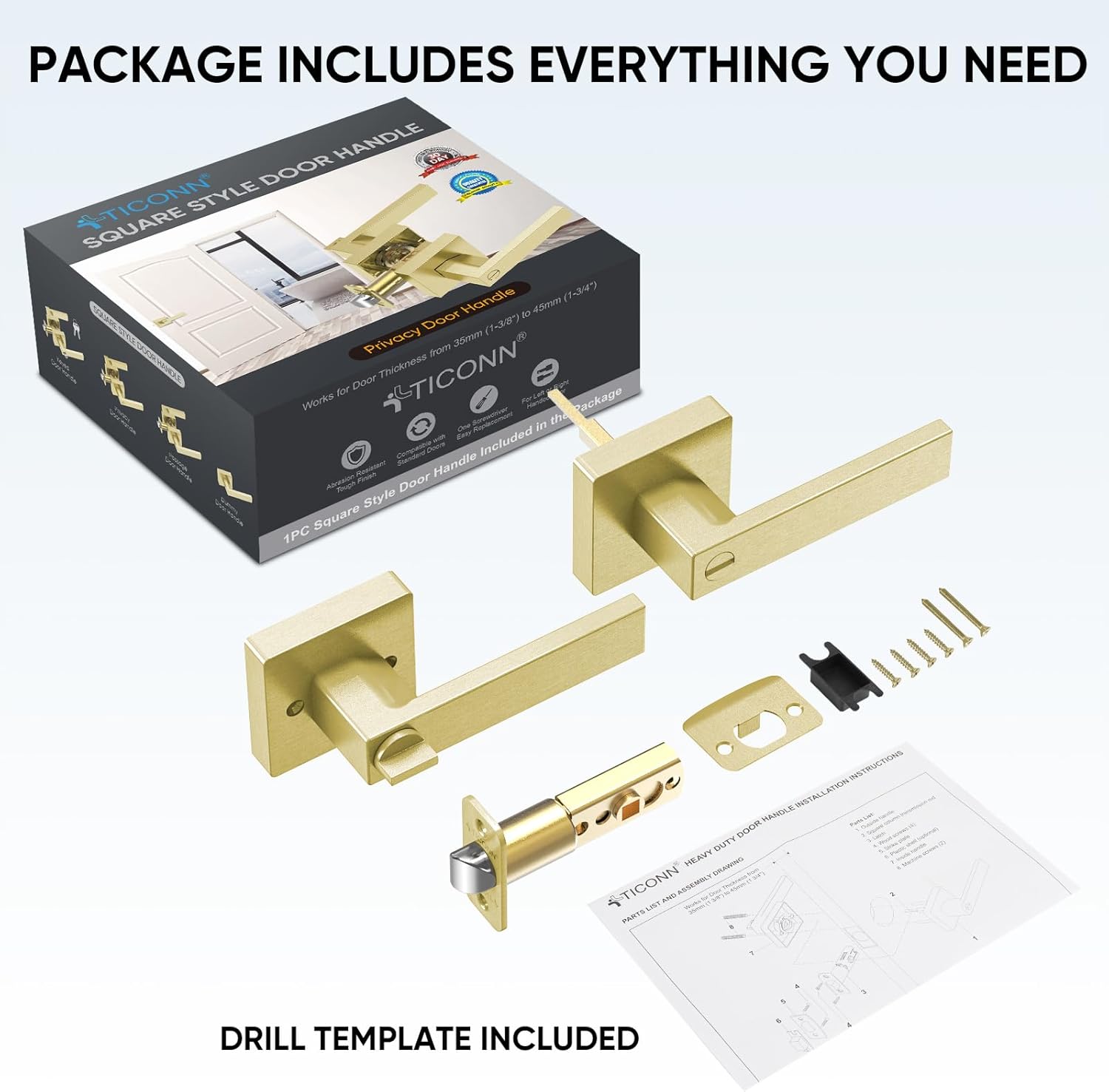 TICONN Door Handle Heavy Duty, Reversible Square Door Lever for Bedroom, Bathroom and Rooms (5 Pack, Privacy, Satin Brass)