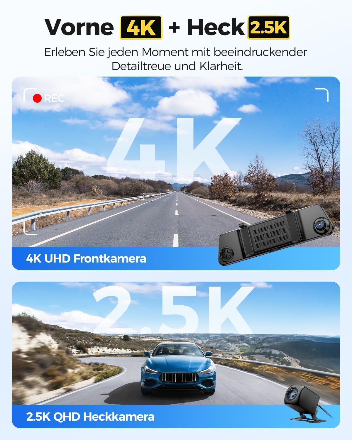AZDOME Dashcam Auto Vorne Hinten, 4K Spiegel Dashcam 4K+2.5K Rückspiegel Kamera mit 64GB Karte, 5.8GHz WiFi GPS, 12 Zoll IPS Touchscreen, Super Nachtsicht, WDR, Sprachsteuerung, PG17 MAX