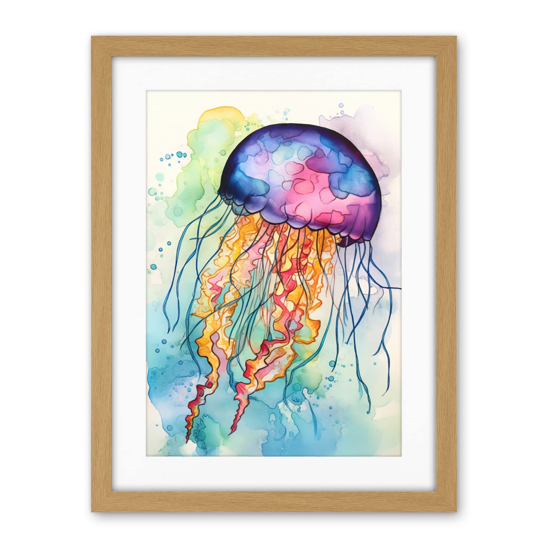Artery8 Jellyfish Swimming Folk Art Watercolour Painting Artwork Framed Wall Art Print 18X24 Inch