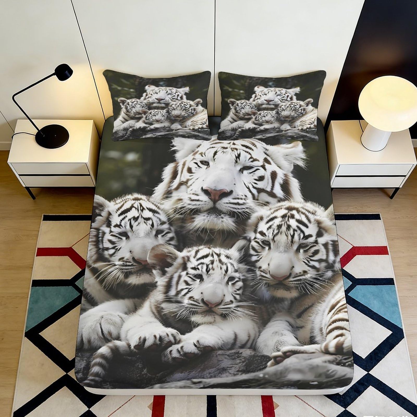 Jqzkxnhpbr Style-2 3D Printed White Tiger Family Fitted Sheet Microfiber Soft Breathable Animal Pattern Bed Sheet For Bedroom Guest Room 90X200x25cm