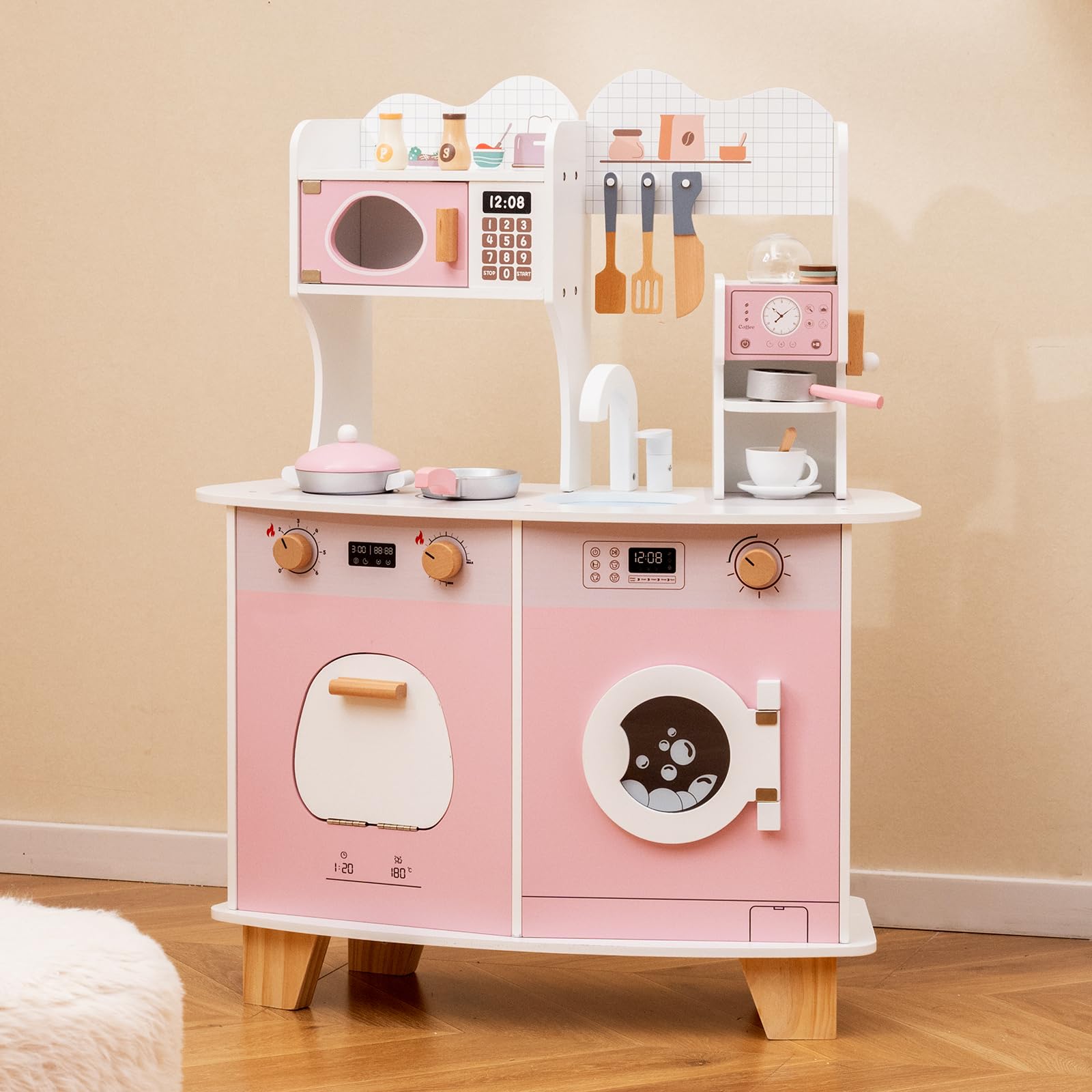 KOTEK Play Kitchen for Toddlers, Wooden Toy Kitchen Set with Coffee Maker, Microwave, Washing Machine, Sink, Oven & Cooking Accessories, Pretend Play Kids Kitchen Playset, Gift for Boys Girls (Pink)