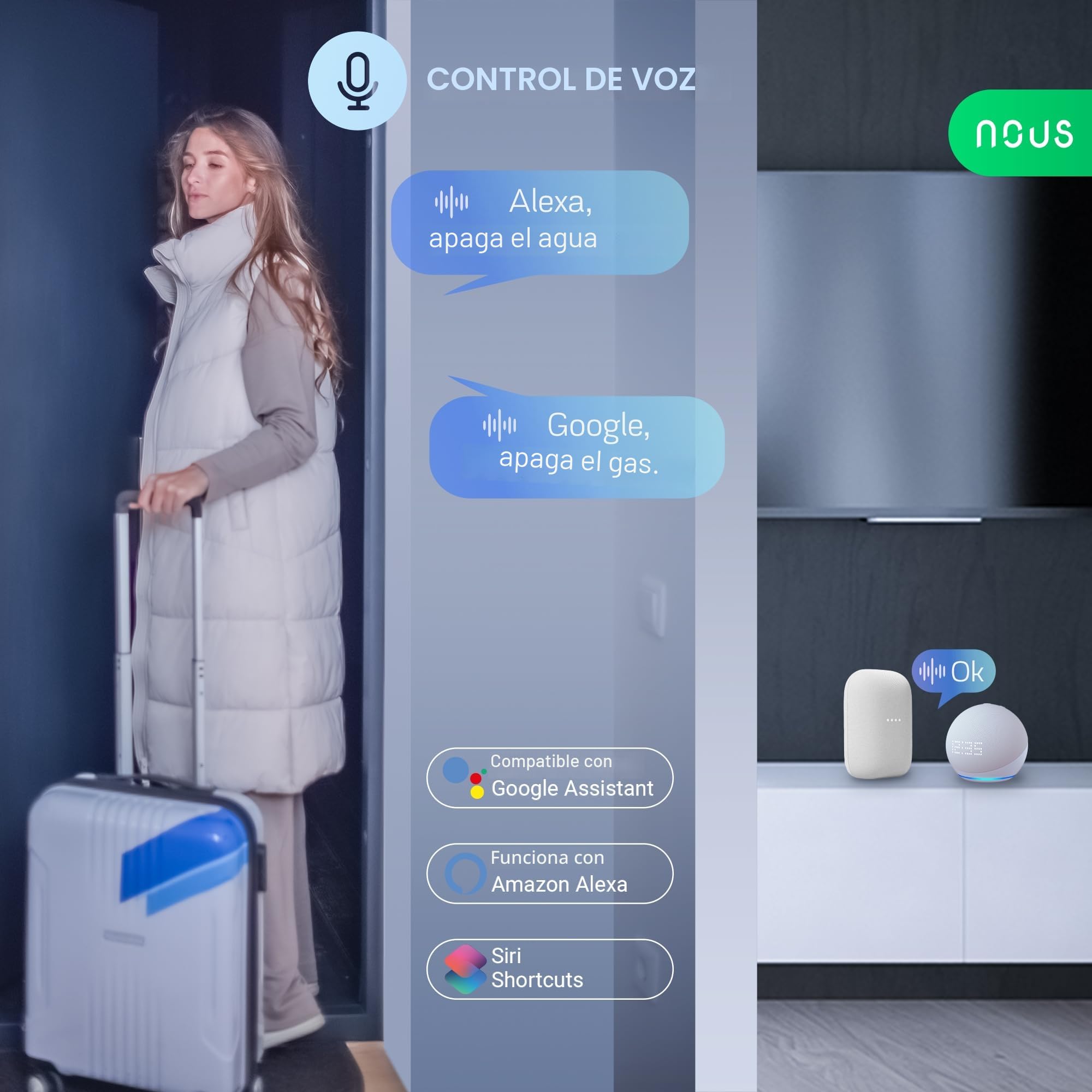 NOUS L3 Wifi Válvula de Agua Eléctrica, Google Assistant, Alexa Compatible, NOUS Smart Home App, TUYA smart life, Temporizador Riego Jardín Inteligente, Válvula de Agua 2,4 GHz WiFi.